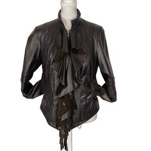 PASHA VENETO Women Fringe Ruffle Moto Jacket SZ M Brown Soft Faux Leather Coat